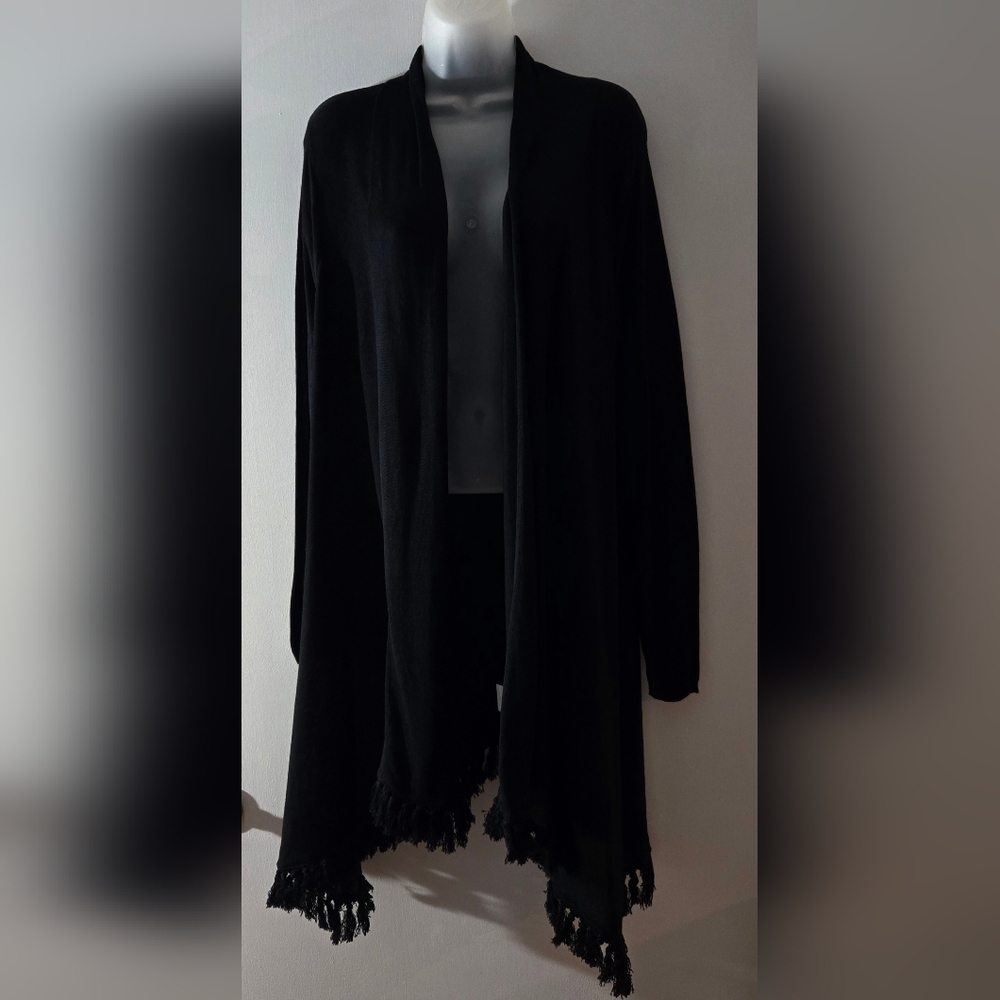 Mud Pie Open Front Cardigan, 37" Long, Fringe Hem, Long Sleeve, Euc, Black